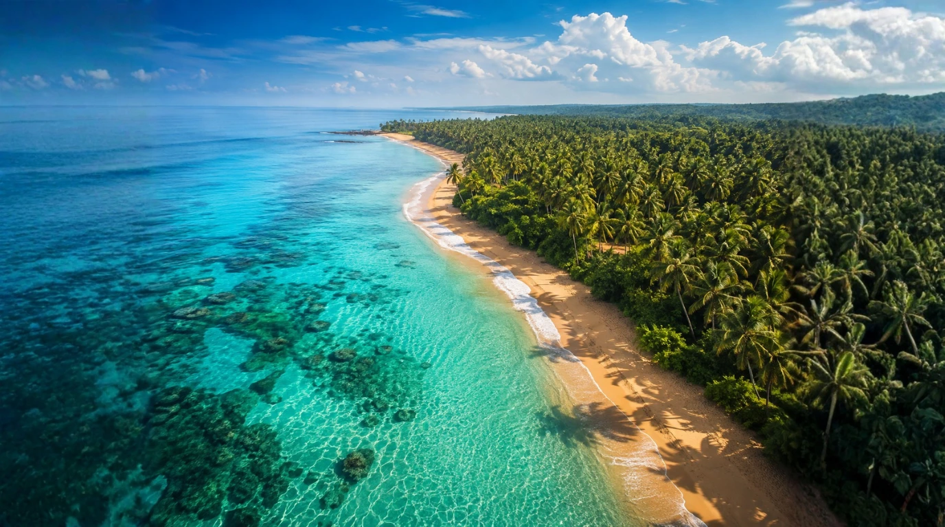 Aerial view of a beach in Sri Lanka with turquoise blue water and palm trees