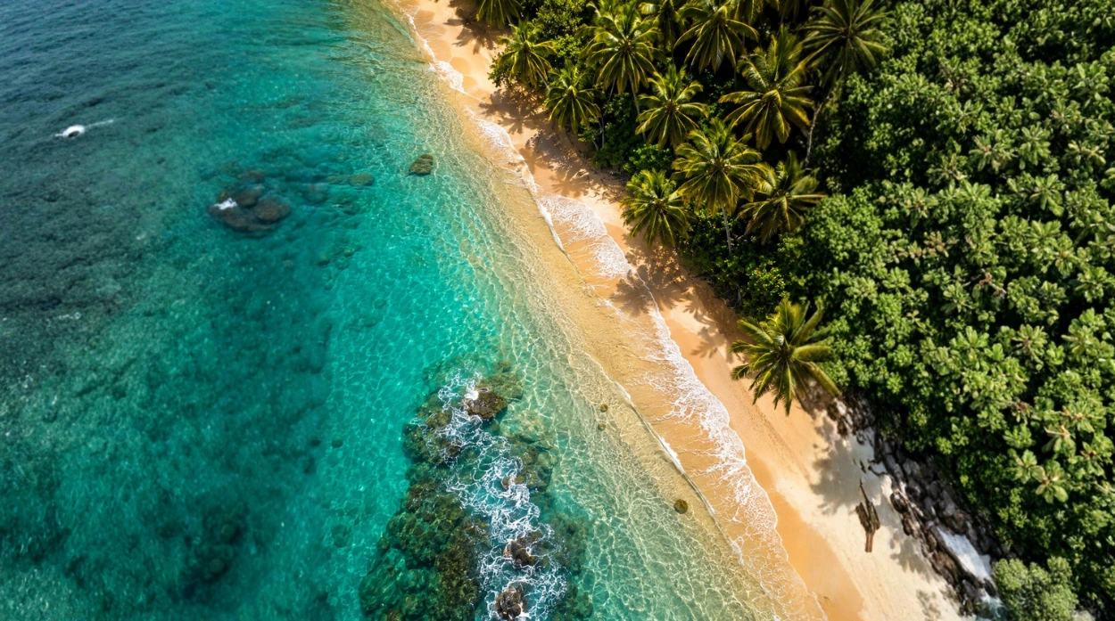 Aerial view of a beach in Sri Lanka with turquoise water and palm trees