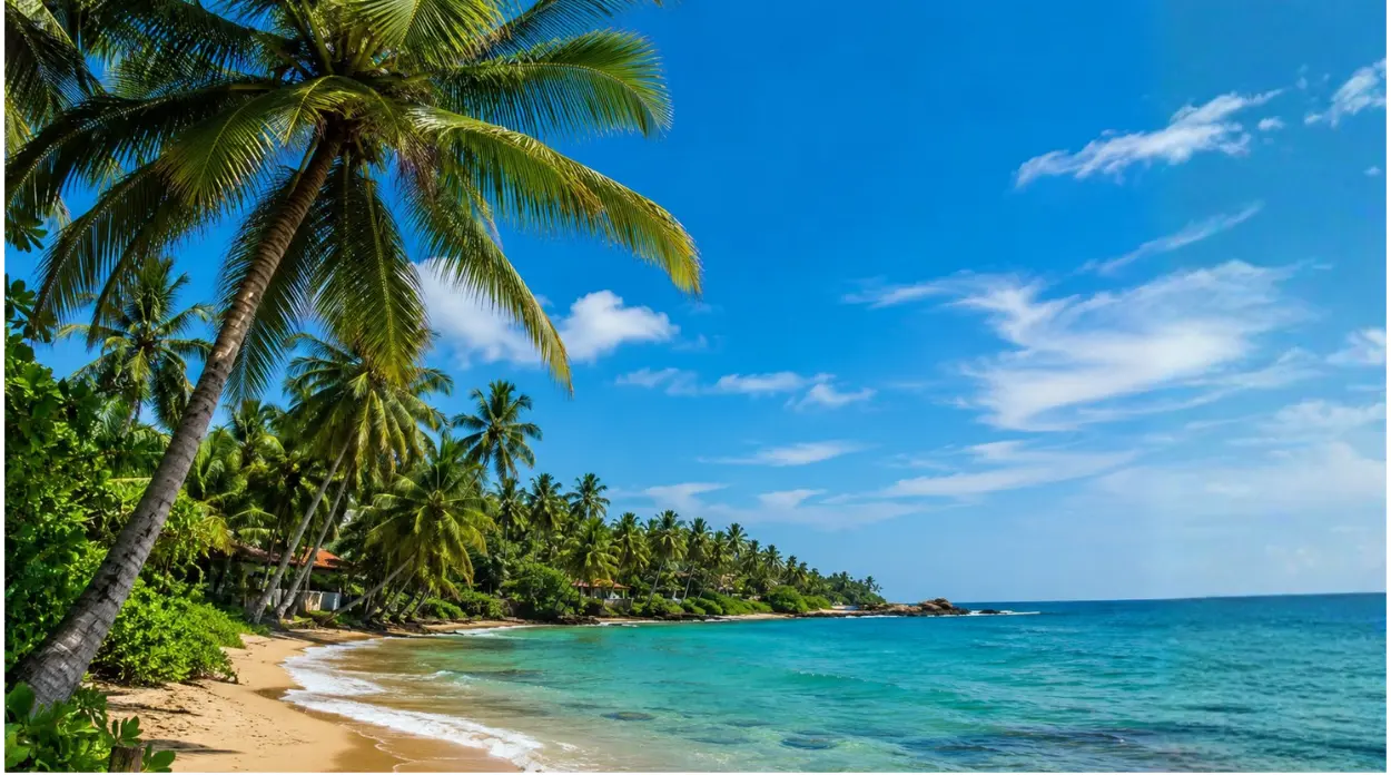 Palm-fringed beach on the south coast of Sri Lanka
