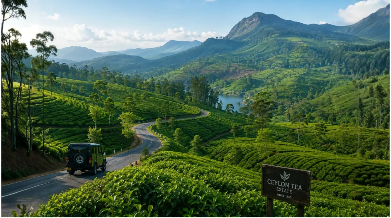View of green tea plantations in Sri Lanka's hill country during a private round trip