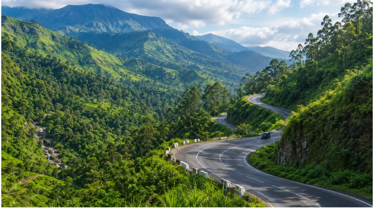 Winding mountain road through the green landscape of Sri Lanka