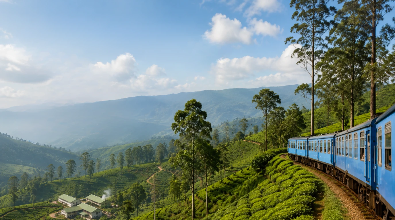 Teeplantagen im Hochland von Sri Lanka mit gepflegten Teebüschen an grünen Hängen