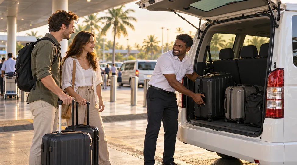 Driver loading luggage into a van at an airport pickup area