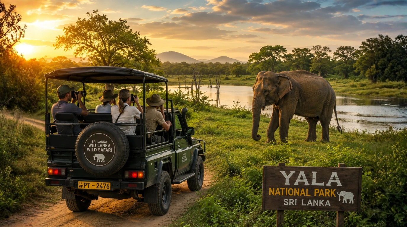 Safari jeep observing a wild elephant in a national park in Sri Lanka